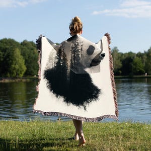 Double Exposure Throw, Panda and Forest Blanket, Nature Lover Blanket, Wildlife Art Throw, Black and White Panda Blanket