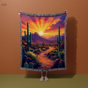 Desert Sunset Blanket, Cactus Sunset Blanket, Desert Path Blanket, Southwestern Blanket, Vibrant Desert Blanket, Cactus Art Blanket