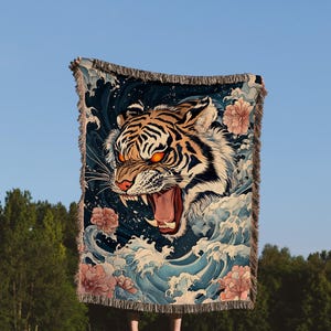 Tiger Blanket, Roaring Tiger Blanket, Japanese Tiger Blanket, Wild Tiger Blanket, Tiger Art Blanket, Tiger Wave Blanket