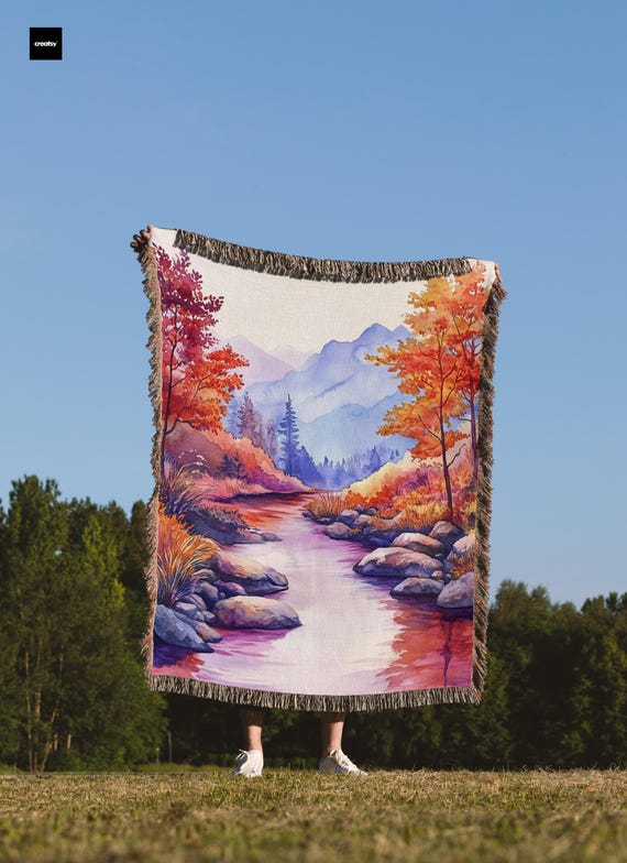 Herbst Landschaft Decke, Herbst Landschaft Decke, Aquarell Landschaft Decke, Bergfluss Decke, Malerische Natur Decke