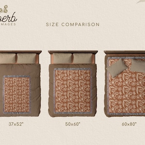 May include: Size comparison of three brown and cream floral patterned throw blankets. The blankets are shown on beds with wooden frames. The blankets measure 37x52 inches, 50x60 inches, and 60x80 inches.