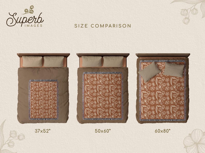 May include: Size comparison of three brown and cream floral patterned throw blankets. The blankets are shown on beds with wooden frames. The blankets measure 37x52 inches, 50x60 inches, and 60x80 inches.