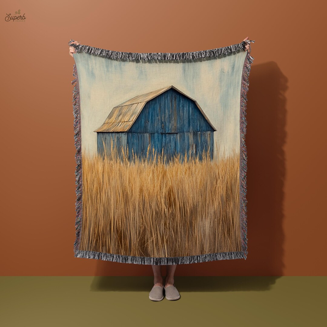 Blue Barn Blanket, Rustic Farmhouse Throw, Wheat Field Blanket, Vintage ...