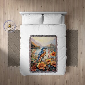 Bird and Flowers Blanket, Bluebird Blanket, Nature Blanket, Floral Throw Blanket, Vibrant Bird Throw, Mountain Landscape Blanket