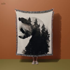 Panda and Forest Blanket, Double Exposure Throw, Nature Lover Blanket, Wildlife Art Throw, Black and White Panda Blanket