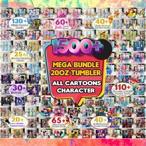 Ensemble de gobelets en dessin animé de plus de 1 500 gram, toutes les sublimations de personnages de dessins animés, gobelet pour enfants PNG, sublimations, modèles de gobelets de dessins animés