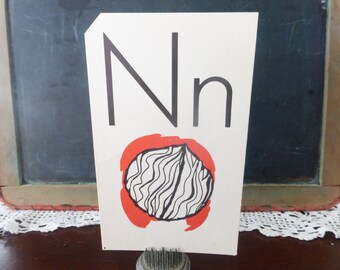 Vintage Flash Card N is for NUT Education Mid Century Ephemera School Words