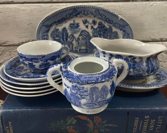 Vintage Child's Blue Willow Dishes 9 Mixed Pieces