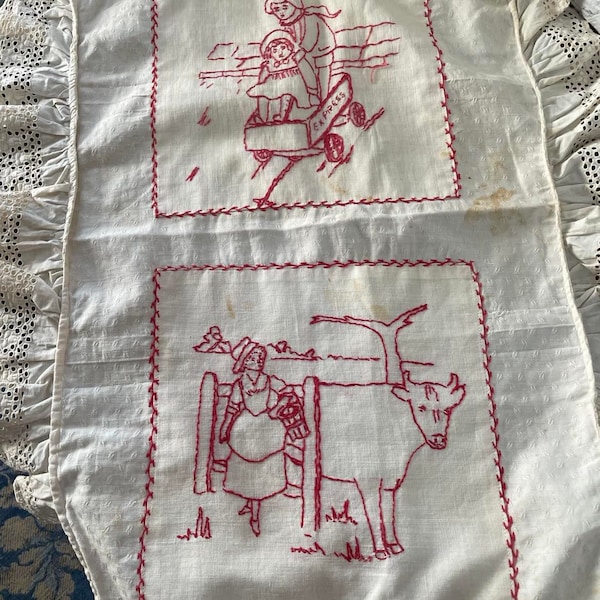 Vintage Red Work  Embroidery Wagon and Cow