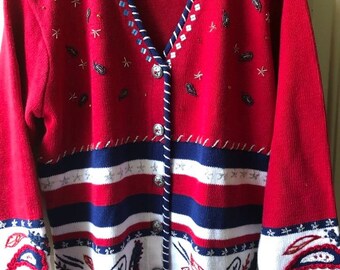 Vintage Storybook Beaded Knit Sweater Red White Blue Size L 4th of July