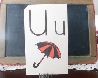 Vintage Flash Card U is for UMBRELLA Education Mid Century Ephemera School Words