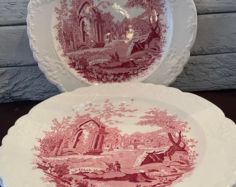 Vintage Four English Abbey Red Transferware Dinner Plates by Taylor Smith and Taylor