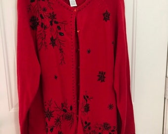 Vintage Red Cardigan with Black Beads Holiday
