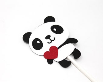 Panda Cupcake Toppers - Baby Panda with heart, Custom Color, Panda Baby Shower or Birthday Decoration - Set of 6 or 12