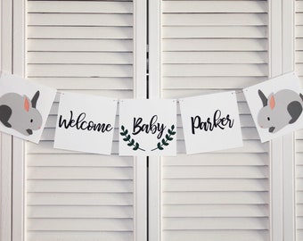 Bunny Rabbit Welcome Baby Banner - Custom Name - Custom Colors - Party Sign and Photo Prop - Laurel Wreath - Forest Theme -  5" Pennants