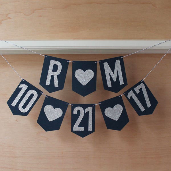Wedding Date and Personalized Initials Banner - Glitter Letters - 4.5" Pennants - Custom Colors, Wedding Decoration or Engagement Photo Prop