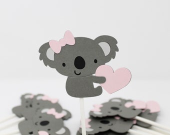 Koala Cupcake Toppers - Baby Koala with heart and bow, Custom Color, Koala Baby Shower or Birthday Decoration - Set of 6 or 12