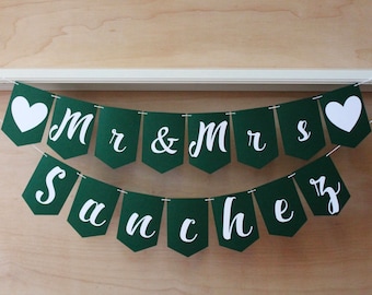 Mr & Mrs Banner - Wedding or Bridal Shower Banner - Personalized Sign with Last Name - Cursive Script and Custom Colors - Photo Prop