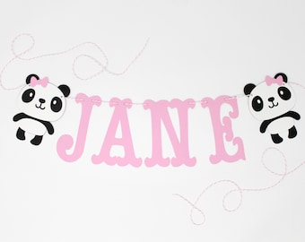 Panda Banner - Custom Text/Name - Cute Panda Decoration, Photo Prop, Birthday Party, Nursery, Bedroom Decor, Custom Colors, Pandas with Bows