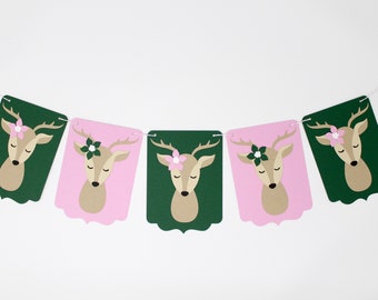 Christmas Deer Banner - Pink and Green Reindeer Garland with Florals - Holiday, Winter Baby Shower, Office Party Decoration