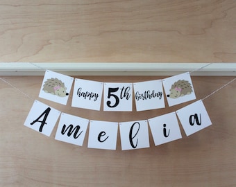 Hedgehog Birthday Banner - Custom Age and Name - Hedgehog Birthday Party Sign - Decoration - Custom Colors - 4" Tall Pennants