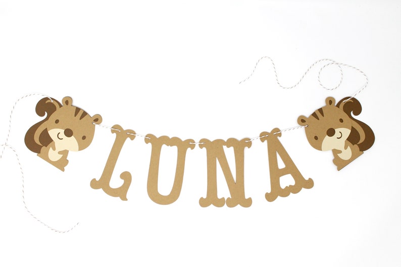 Squirrel Banner Custom Name, Text, or Phrase Forest Animal Decoration, Photo Prop, Birthday Party, Nursery, Bedroom Decor, Custom Colors image 1