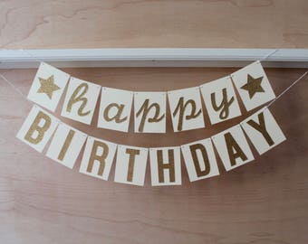 Happy Birthday Banner - Glitter Letters - With Stars - Custom Colors - Modern Script and Block Font - Party Photo Prop