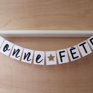 Bonne Fete or Bon Anniversaire Banner, French Happy Birthday Sign Glitter Star, Custom Colors for Letters and Rectangles, Party Decoration image 1