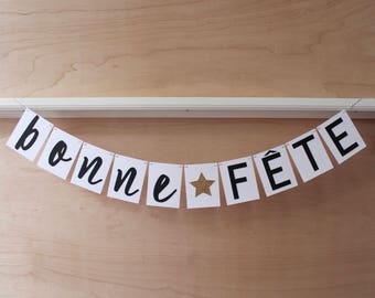 Bonne Fete or Bon Anniversaire Banner, French Happy Birthday Sign - Glitter Star, Custom Colors for Letters and Rectangles, Party Decoration