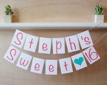 Sweet Sixteen Banner - Personalized with Name - Custom Colors - Sweet 16 Sign, Photo Prop, Sixteenth Birthday Party Decoration