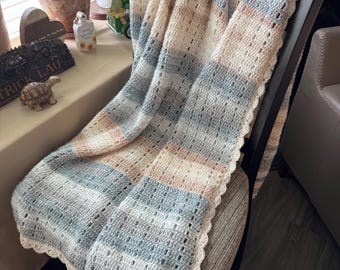 Handmade Ombre Crochet Throw Blanket, Cream Grey Polyester Blend Farmhouse Afghan (50x60 Inch)