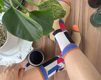 Bauhaus Geometric Crew Socks, Abstract Cotton Hosiery, Art Patterned Mid-Calf Socks