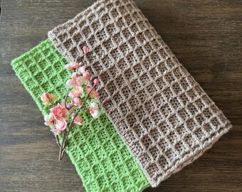 Handmade Waffle Stitch Scarf: Sage Green, Taupe, 100% Peruvian Wool Wrap