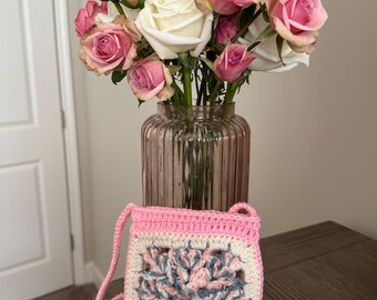 Crochet Granny Square Phone Bag, Pink Cream Floral Boho Pouch