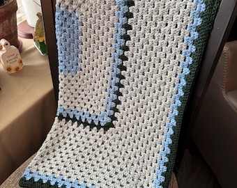 Handmade Granny Square Throw Blanket, Modern Minimalist Crochet Lapghan, Sage Green and Sky Blue Decorative Blanket, Boho Home Decor Gift