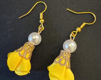 Fabric Flower Pearl Dangle Earrings, Romantic Floral Jewelry, Spring Accessory