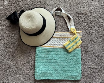 Handmade Crochet Tote Bag Set – Mint Yellow Boho Beach Bag with Card Purse