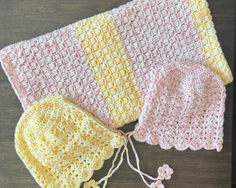 Hand-Crocheted Baby Blanket and Bonnet Set, Pink Yellow Soft Swaddle
