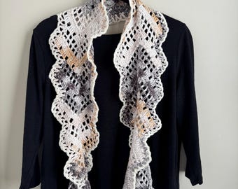 100% Cotton Ombre Crochet Lace Scarf – Grey Tan Cream Gradient Lightweight Shawl