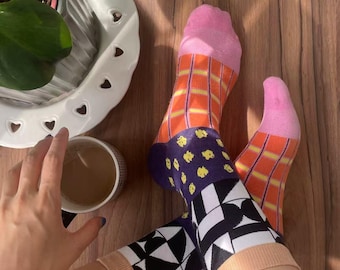 Colorful Abstract Cotton Crew Socks, Geometric Funky Dress Hosiery