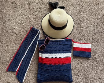 Patriotic Crochet Bag Set: Red White Blue Summer Tote, Pouch with Pearl & Mesh Scarf - American 250th Celebration Handwoven Cotton Gift Set