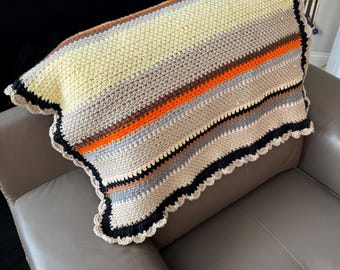 Handmade Crochet Blanket, Autumn Stripes, Moss Stitch, Boho Ruffle Border (29" x 44")