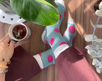 Teal and Pink Bold Polka Dot Mid-Calf Cotton Ribbed Hosiery Fun Patterned Apparel