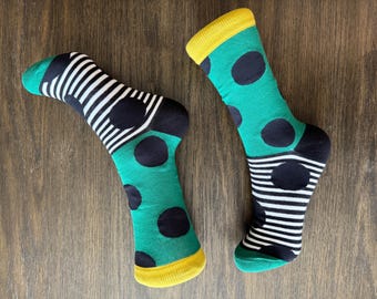 Mismatched Cotton Crew Socks: Emerald Green, Yellow Polka Dot Stripes