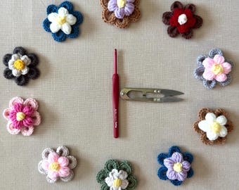 3D Crochet Flower Appliques, Set of 5 Puffed Floral Embellishments, Craft Supply
