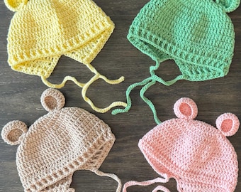 Hand-Crocheted Pastel Yellow Bear Bonnet – Newborn Photography Prop, Acrylic Yarn Hat