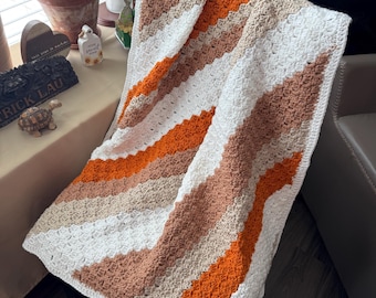 Hand-Crocheted Toddler Blanket: Rust, Camel, White Diagonal Stripe Throw – Low Pill Acrylic