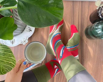 Olive Green Crew Socks, Bold Geometric Pattern, Cotton Blend, Artistic Design