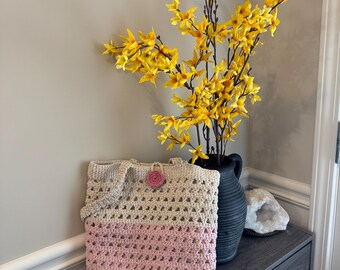 Hand-Crocheted Tote Bag – Beige Dusty Rose Boho Shoulder Purse with Rose Detail