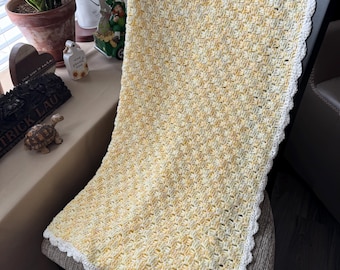 Handmade C2C Crochet Baby Blanket, Soft Scalloped Edge Nursery Throw, Gender Neutral Stroller Blanket